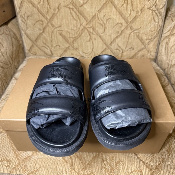 Burberry London England EKD Embossed Leather Slides Black Men\'s Size US 7 UK 6
